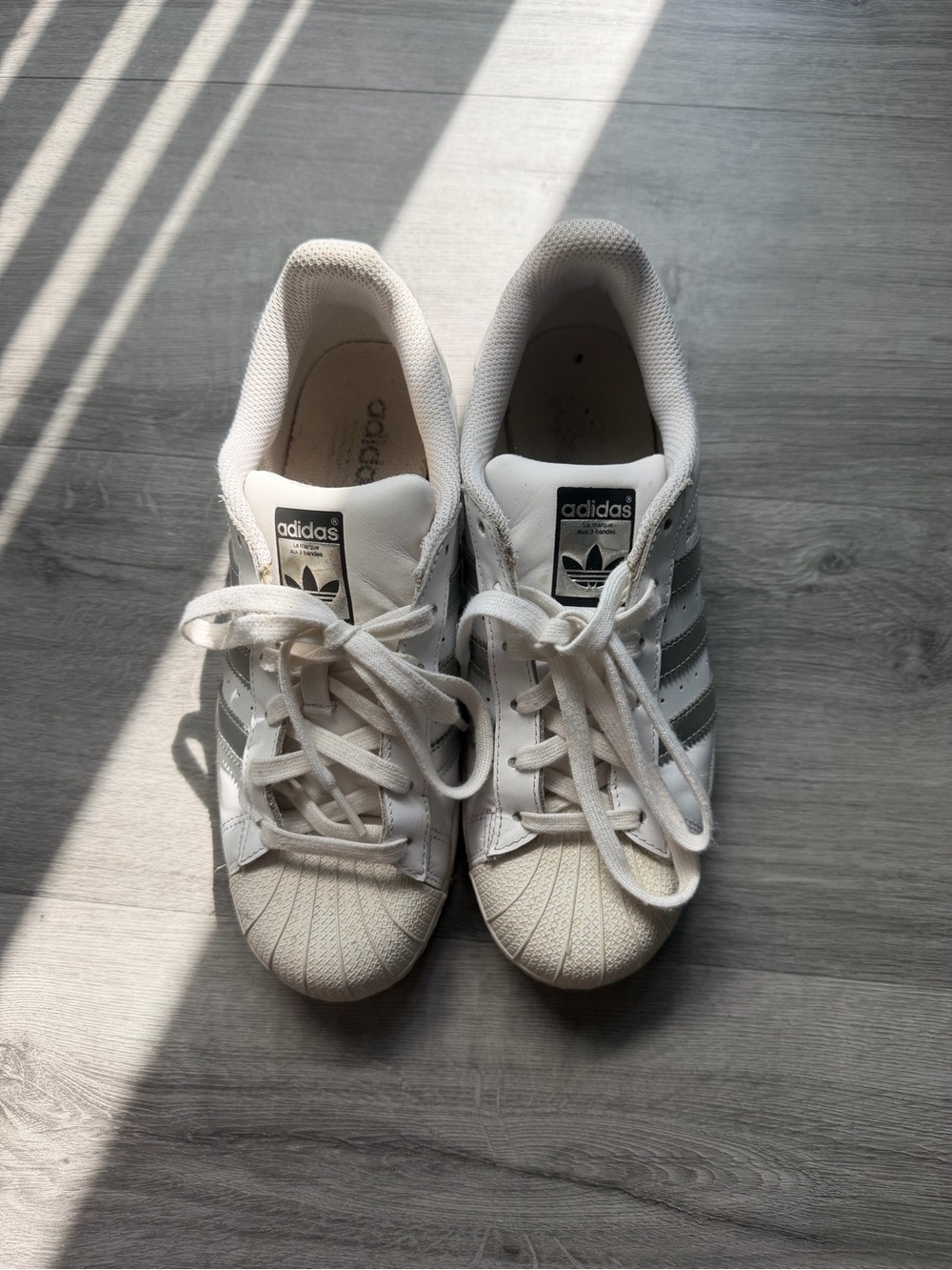 adidas White Sneakers with Gray Stripes